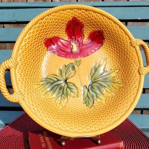 Antique hand painted Zell ceramic Hibiscus Majolica salad/ decorative bowl